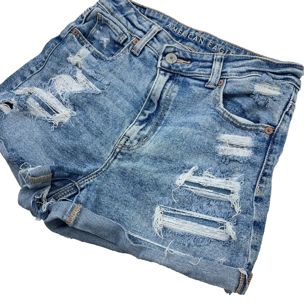 American Eagle Shorts Women 2 Cut Off Baggy Mom Med Wash Faded Holes Jorts‎